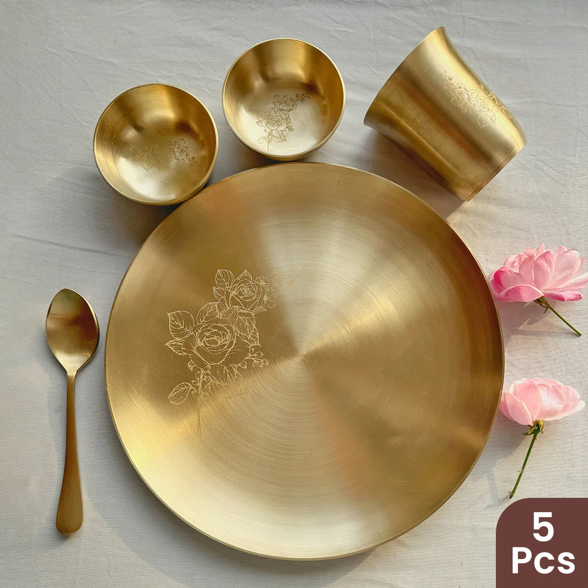 Bronze Dinner Set | Kansa Thali Set | Rose Design | Gold | 5 Pcs