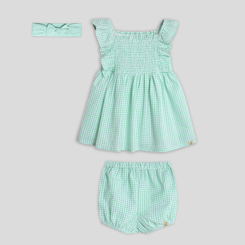 Cotton Dress with Bloomers & Headband | Mint Gingham | Green