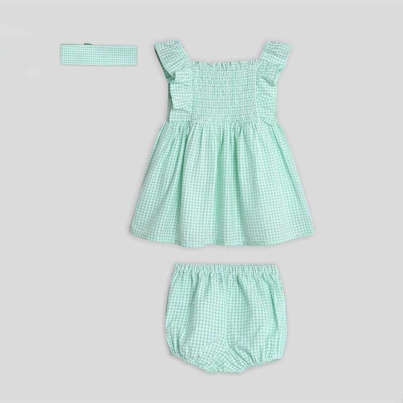 Cotton Dress with Bloomers & Headband | Mint Gingham | Green