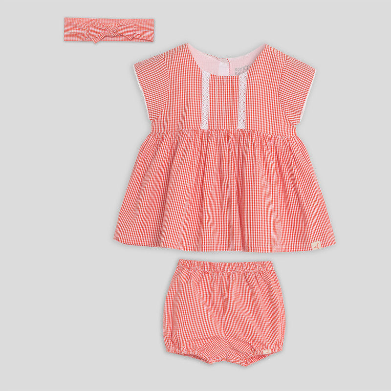 Cotton Dress with Bloomers & Headband | Red Gingham | Red