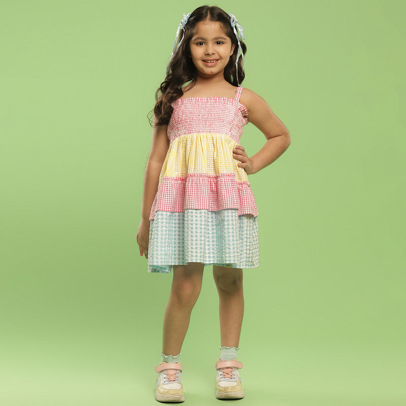 Cotton Dress For Girls | Tiered Gingham Strappy | Multicolour