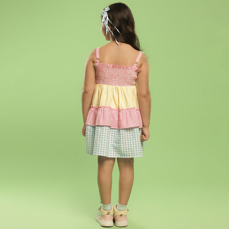 Cotton Dress For Girls | Tiered Gingham Strappy | Multicolour