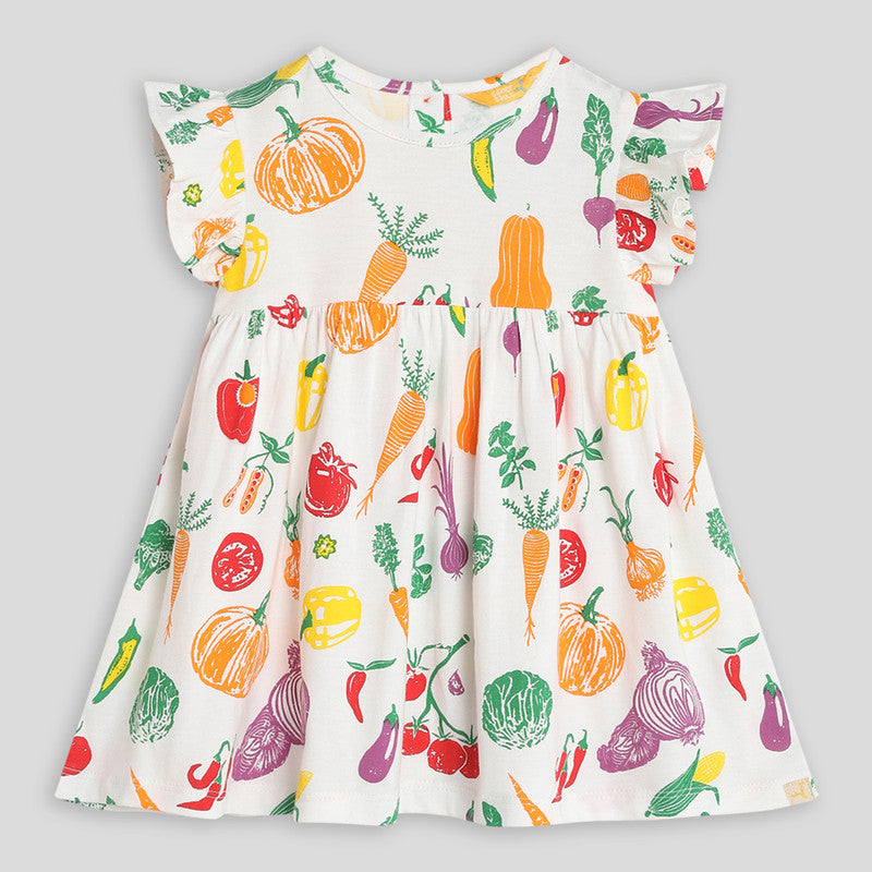 Printed Dress For Girls | Healthy Veggie | White | Single Jersey