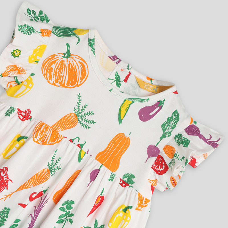 Printed Dress For Girls | Healthy Veggie | White | Single Jersey