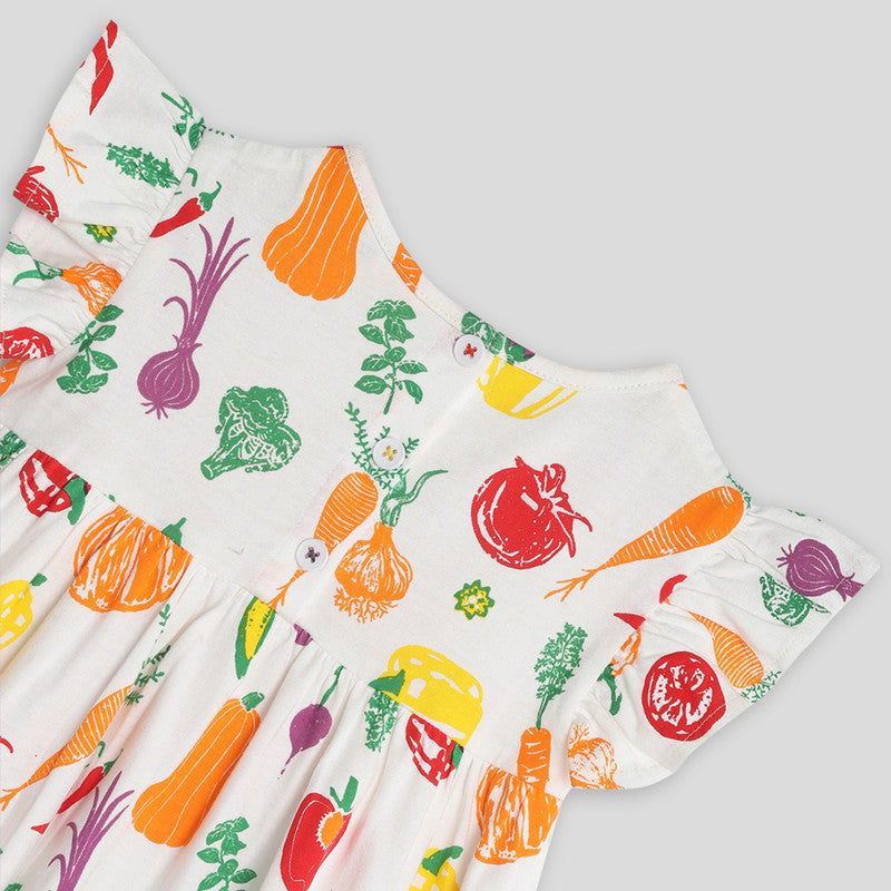 Printed Dress For Girls | Healthy Veggie | White | Single Jersey