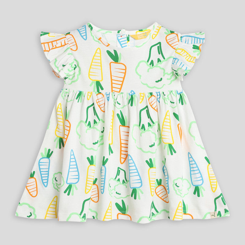 Printed Dress For Girls | Veggie Printed | White | Single Jersey