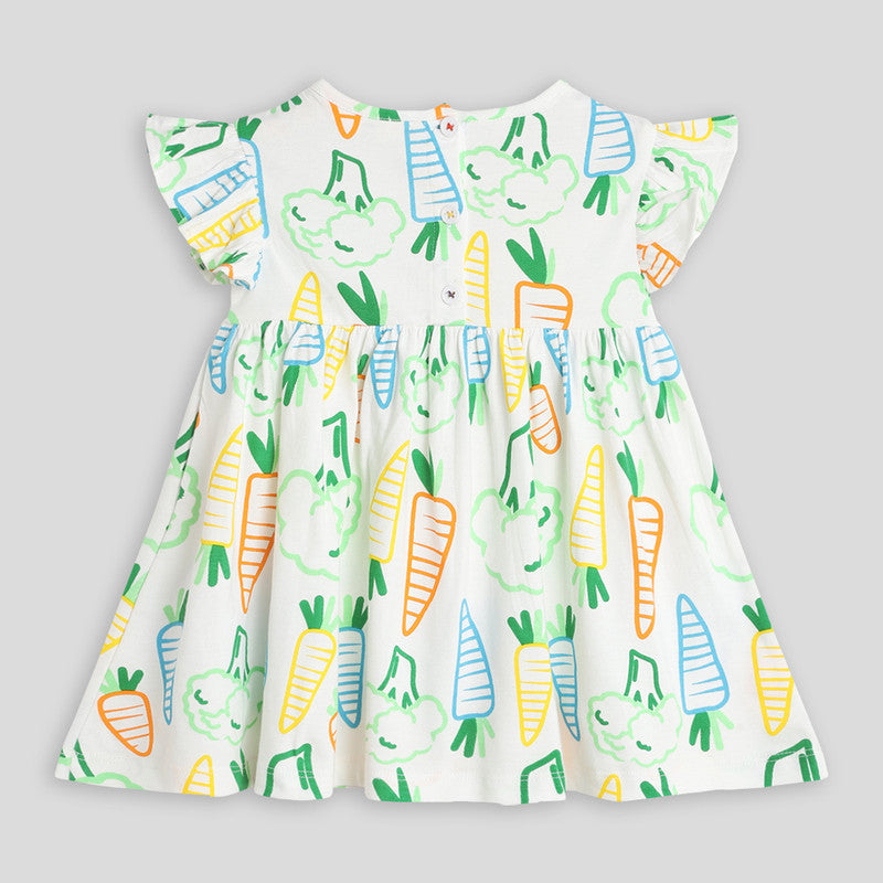 Printed Dress For Girls | Veggie Printed | White | Single Jersey