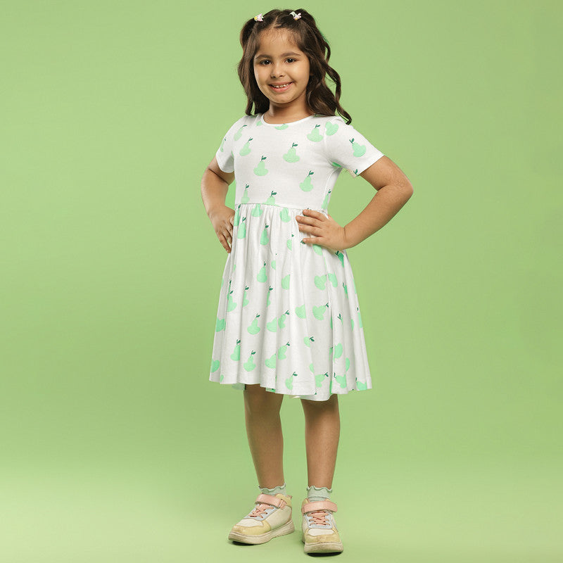 Cotton Dress For Girls | Pear Printed | Ecru