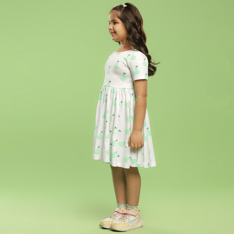 Cotton Dress For Girls | Pear Printed | Ecru