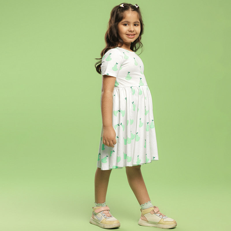 Cotton Dress For Girls | Pear Printed | Ecru