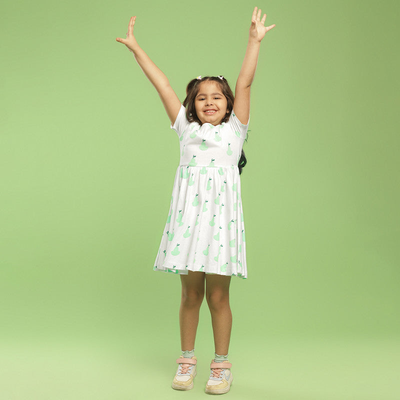 Cotton Dress For Girls | Pear Printed | Ecru