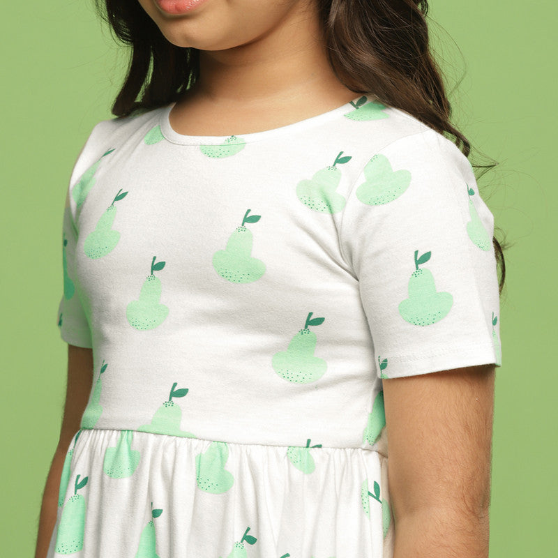 Cotton Dress For Girls | Pear Printed | Ecru