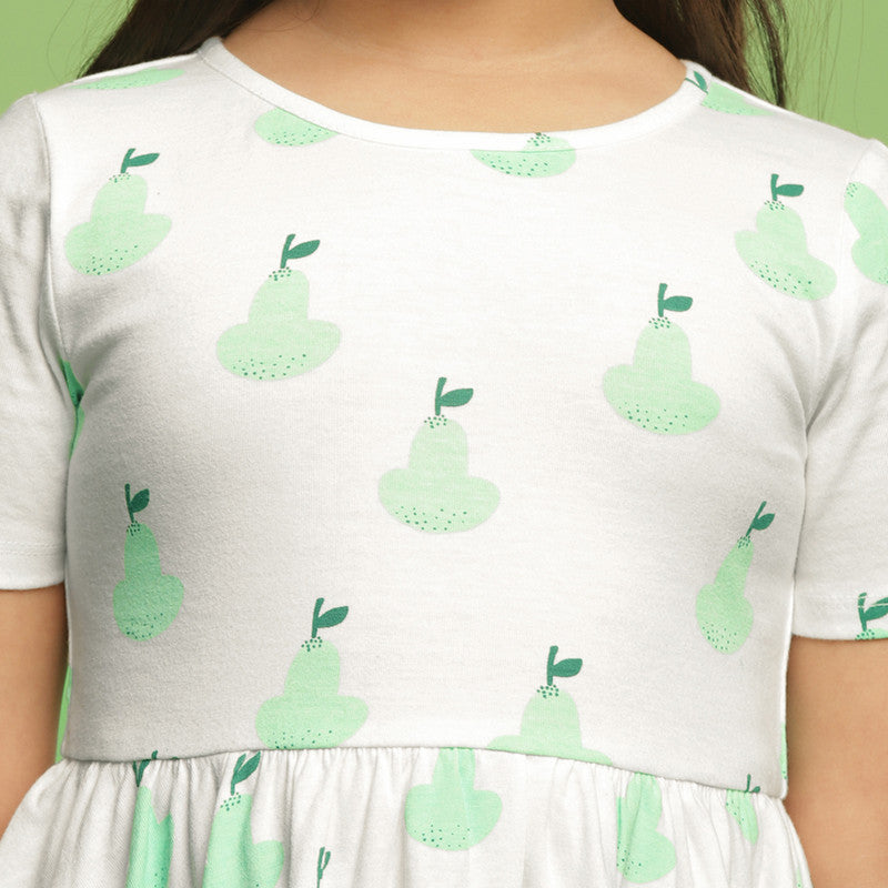 Cotton Dress For Girls | Pear Printed | Ecru