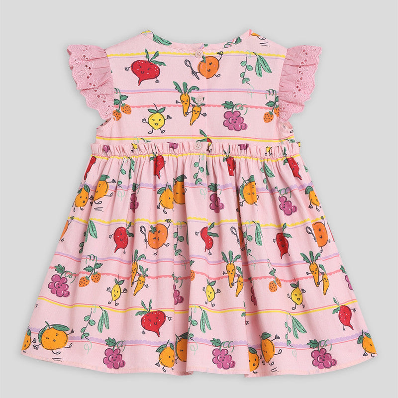 Poplin Cotton Dress For Girls | Happy Veggie Printed | Purple