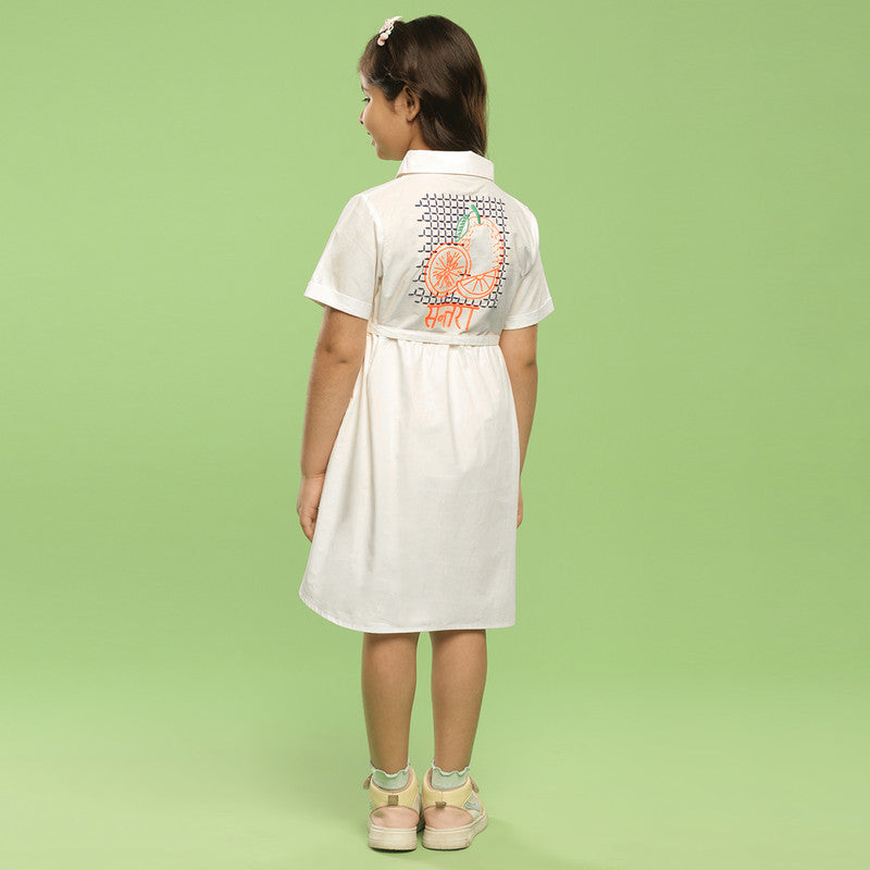 Cotton Shirt Dress For Girls | Embroidered Santra | Ecru