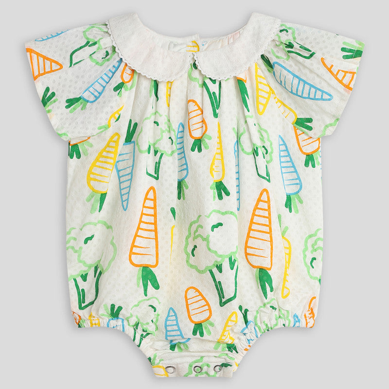 Cotton Romper | Broccoli & Carrot Printed | Multicolour