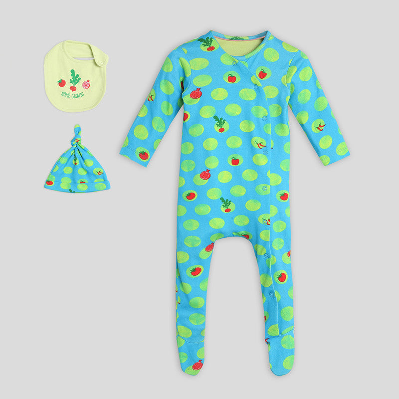 Cotton Sleepsuit With Cap & Bib | Printed | Multicolour