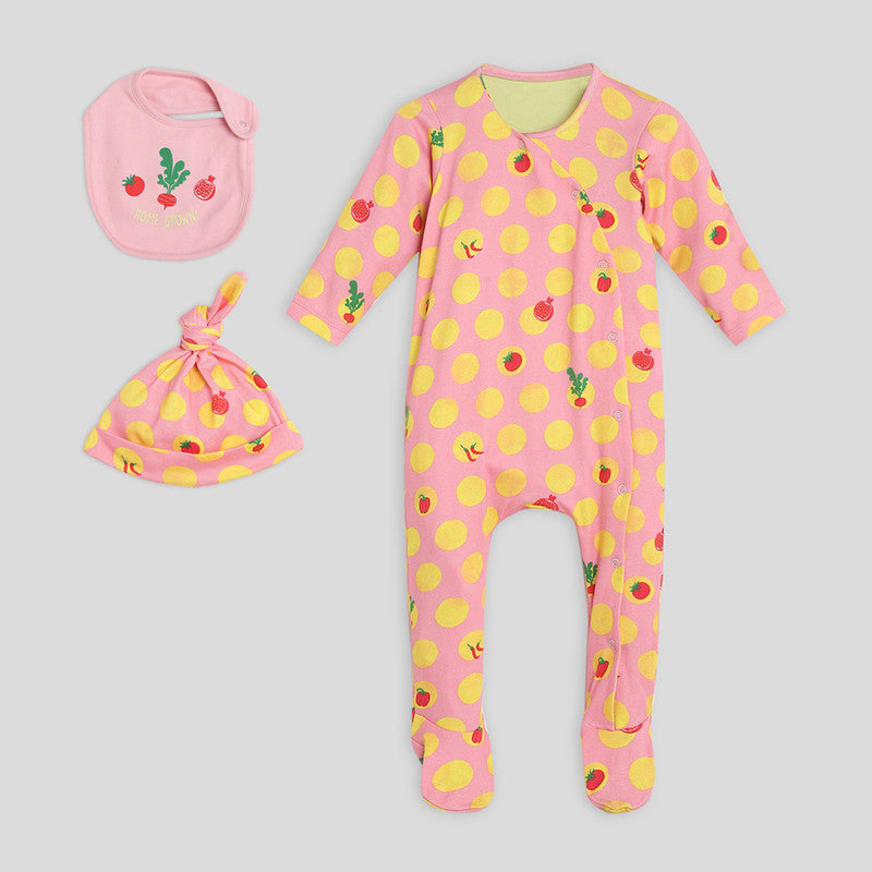 Cotton Sleepsuit For Kids | with Cap & Bib | Printed | Multicolour