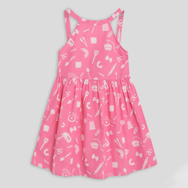 Cotton Pink Dress For Girls | Criss Cross Back Straps | Printed