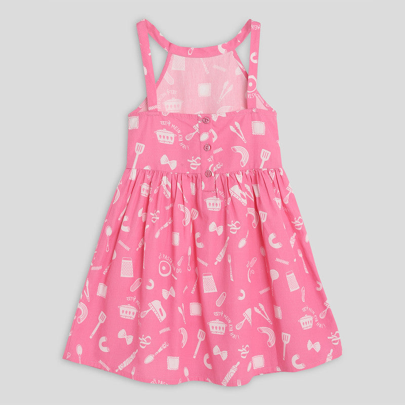 Cotton Pink Dress For Girls | Criss Cross Back Straps | Printed