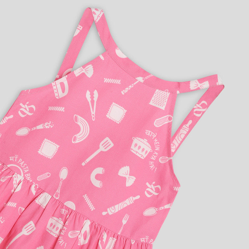 Cotton Pink Dress For Girls | Criss Cross Back Straps | Printed