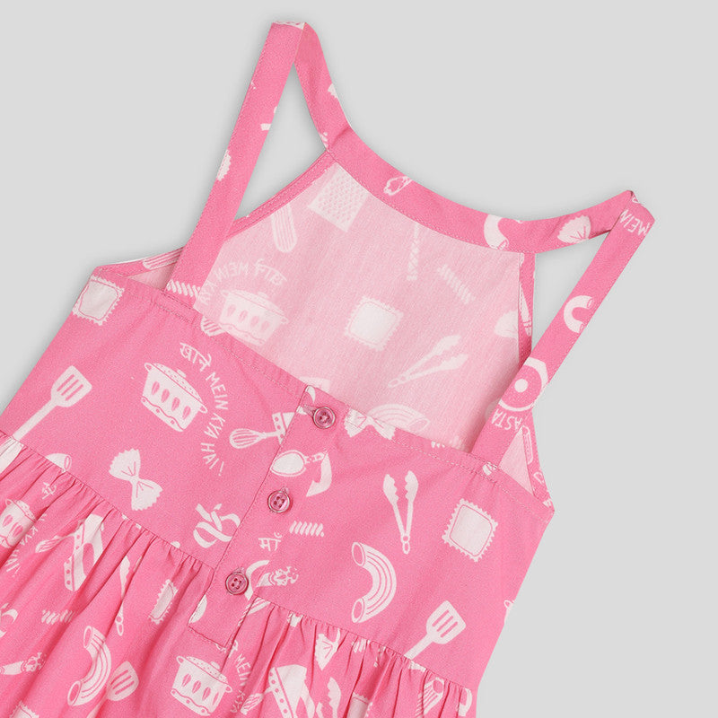 Cotton Pink Dress For Girls | Criss Cross Back Straps | Printed