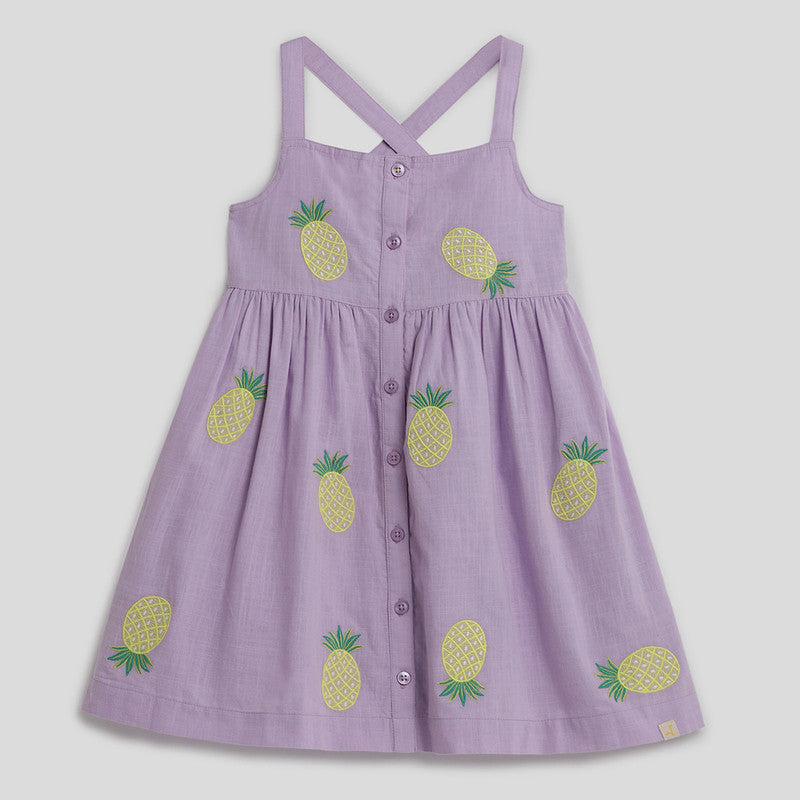 Cotton Midi Dress | Pineapple Embroidered | Purple