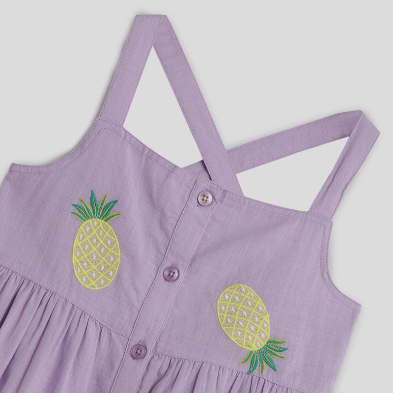 Cotton Midi Dress | Pineapple Embroidered | Purple