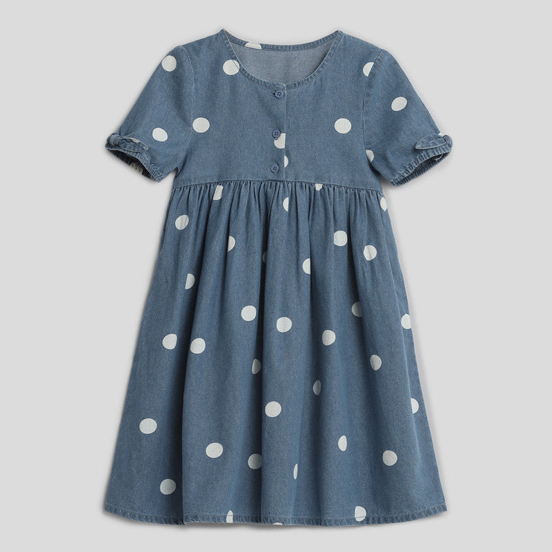 Cotton Denim Shift Dress For Girls | Printed | Blue