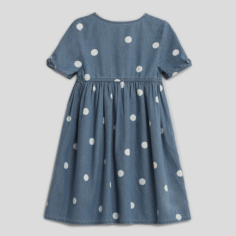 Cotton Denim Shift Dress For Girls | Printed | Blue