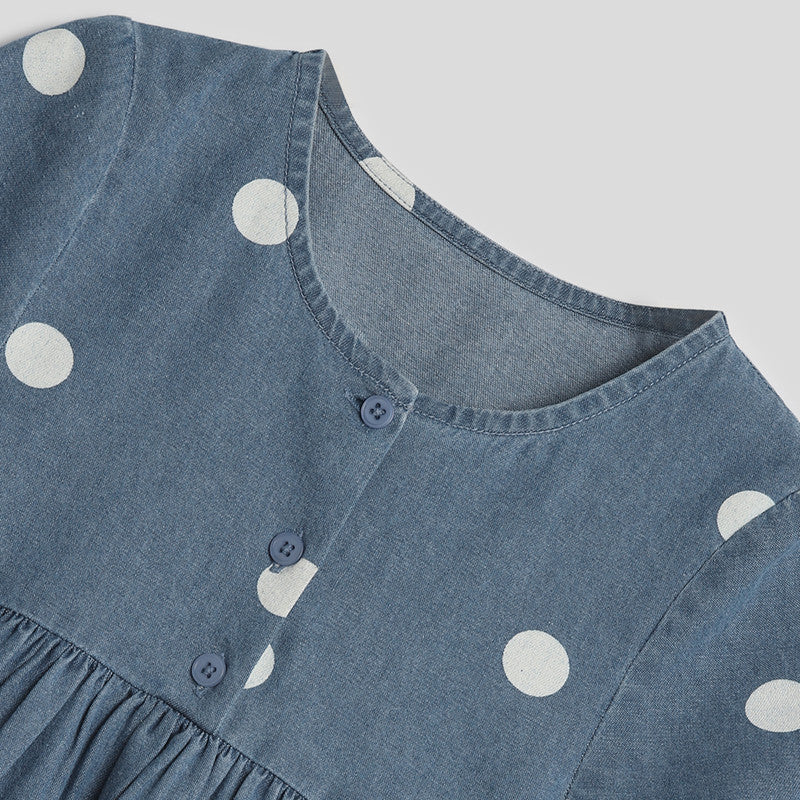 Cotton Denim Shift Dress For Girls | Printed | Blue