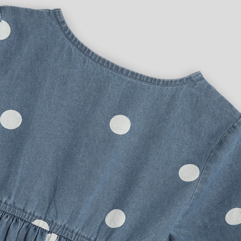 Cotton Denim Shift Dress For Girls | Printed | Blue