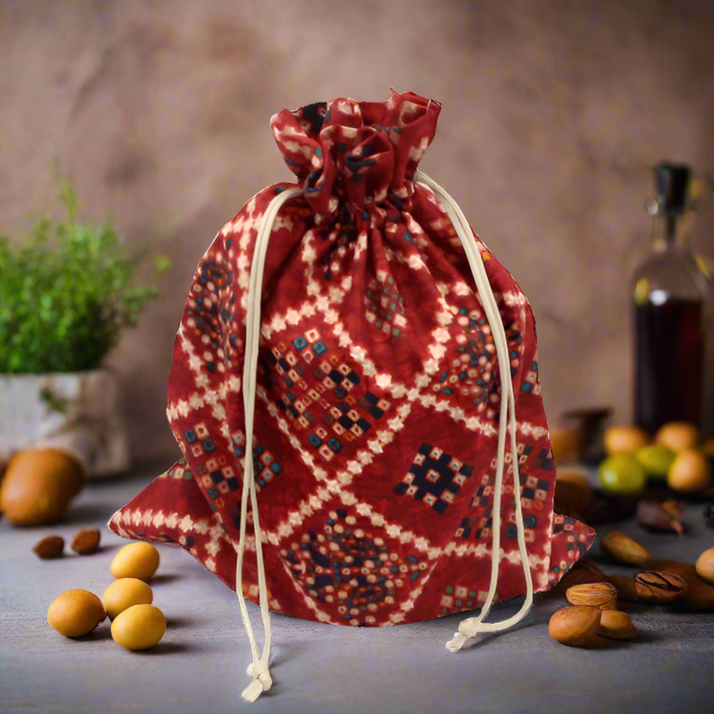 20x25 CM Bandhini Potli Bag Return Gifts For Ladies | Red Colour | Pack Of 10