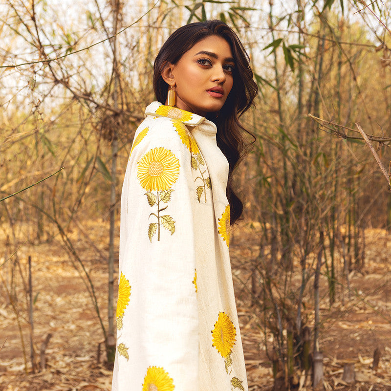 Cotton Jacket For Women | Full Length | Sunflower Block Printed | Yellow