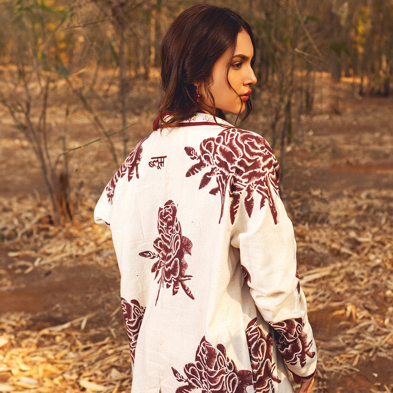 Cotton Jacket for Women | Mid-Length | Side Pocket | Wild Rose Printed | Red