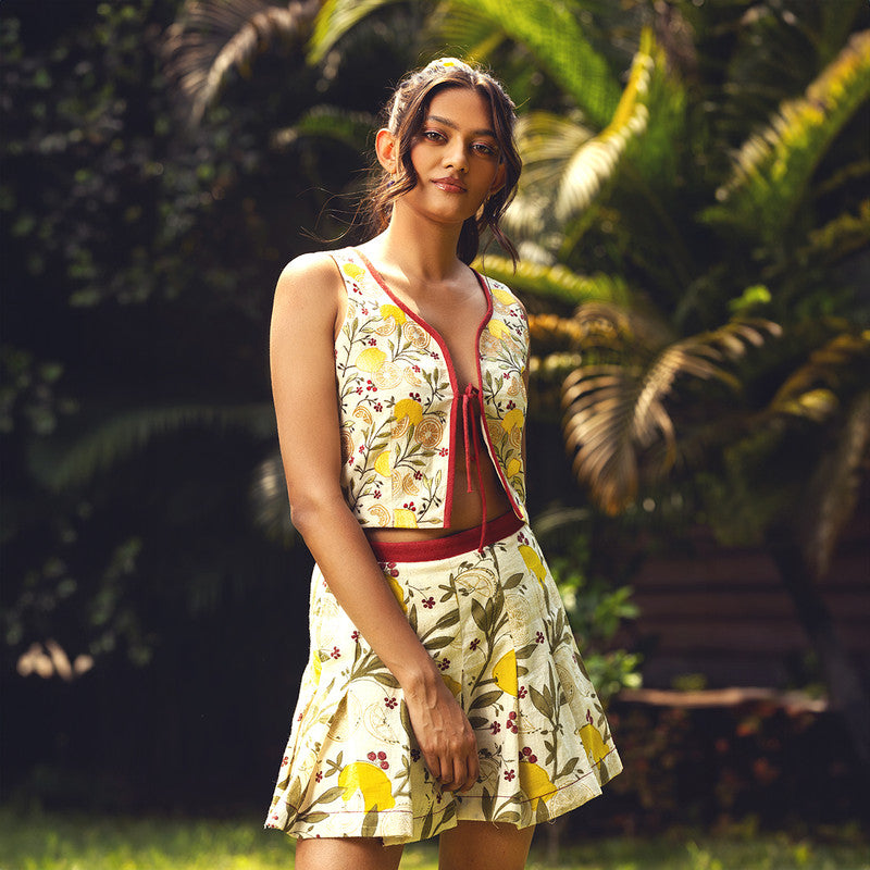 Kala Cotton Co-Ords Set For Women | Top & Skirts | Lemon & Cherry Leaves Printed | Yellow