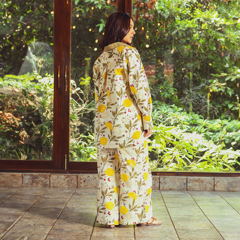 Cotton Co-Ords Set For Women | Shirt & Long Pant With Pocket | Leaves Printed | Yellow