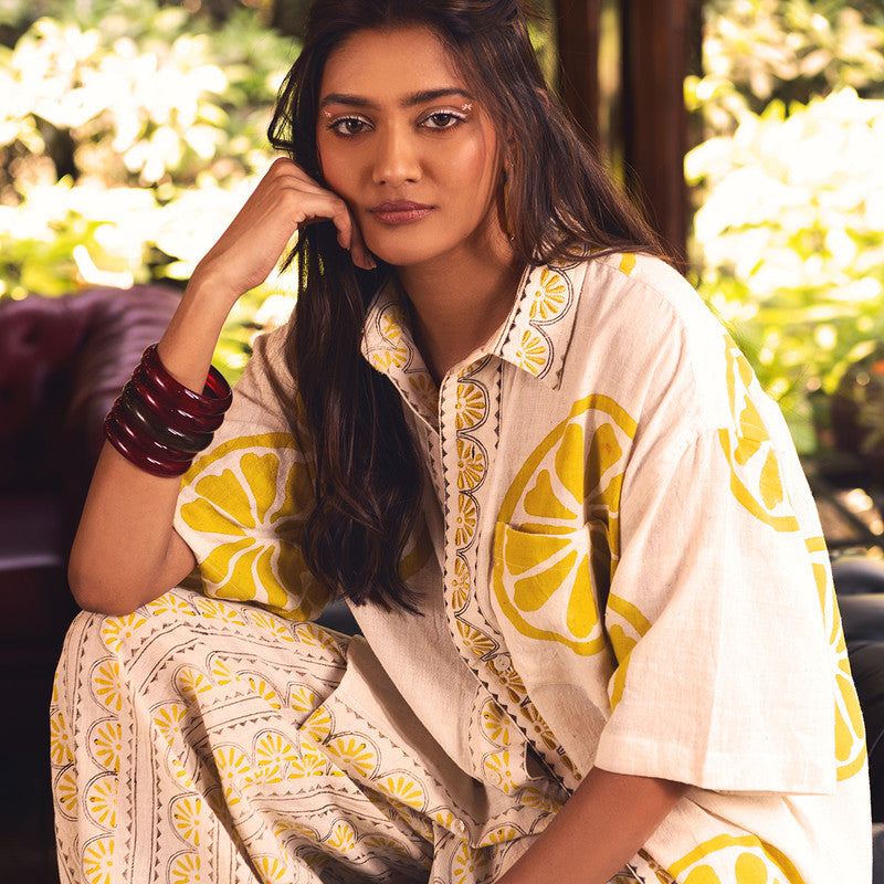 Kala Cotton Co-Ords Set For Women | Shirt & Pant With Pocket | Lemon Slice Printed | Yellow