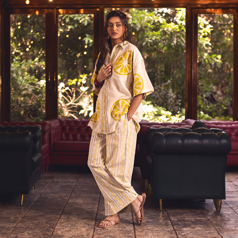 Kala Cotton Co-Ords Set For Women | Shirt & Pant With Pocket | Lemon Slice Printed | Yellow