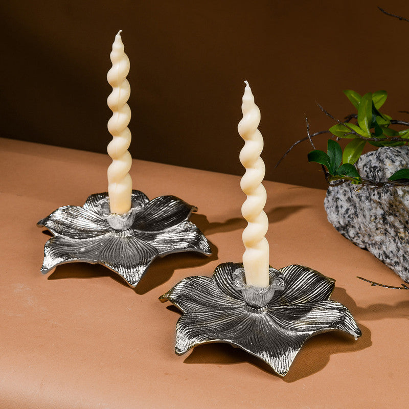 Metal Lotus Candle Stand | Floral Design | Silver | Set of 2