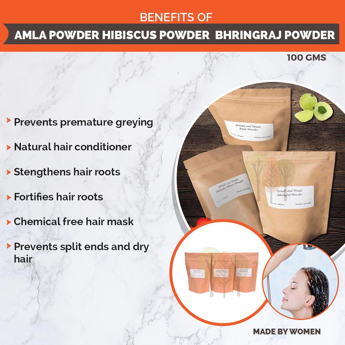 Pure Amla Hibiscus Bhringraj powders 4 oz each ( set of 3 )I Hair & Scalp Treatment I Hair Mask I Eco Friendly Pouch I 350 gms I 12 oz