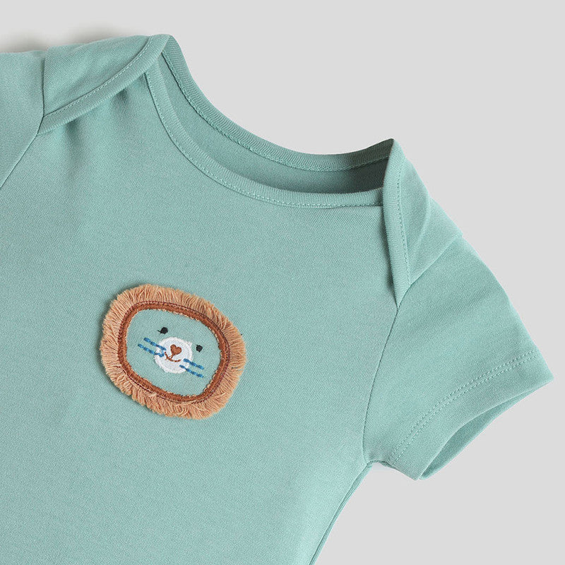 Cotton Bodysuit For Girls | Little Lion Printed | Green