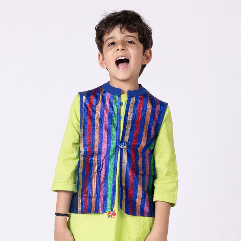 Cotton Nehru Jacket For Kids | Jhilmil Reversible | Blue