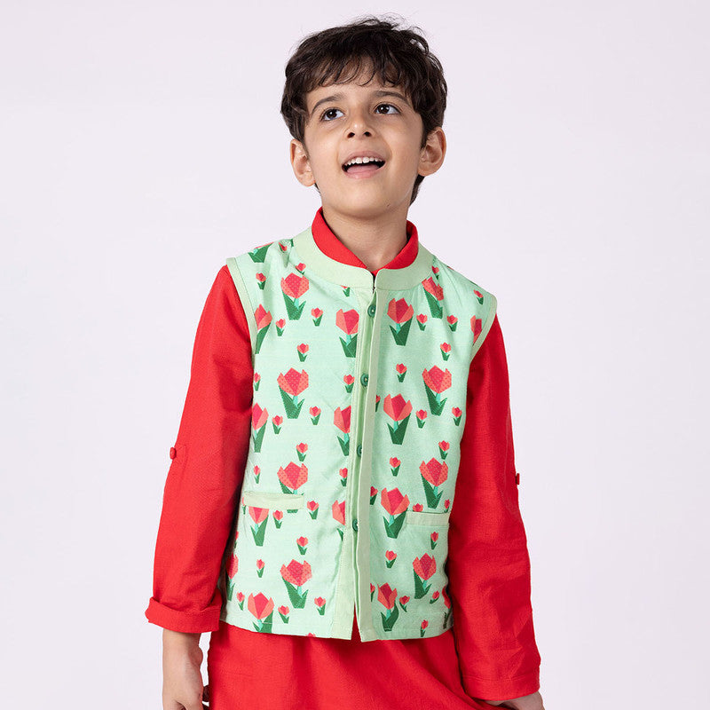 Silk Nehru Jacket For Kids | Tulip | Mandarin Collar | Green