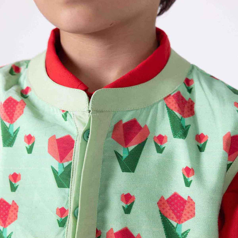 Silk Nehru Jacket For Kids | Tulip | Mandarin Collar | Green