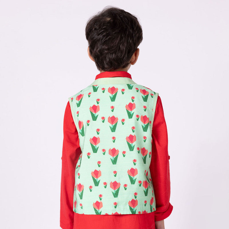 Silk Nehru Jacket For Kids | Tulip | Mandarin Collar | Green