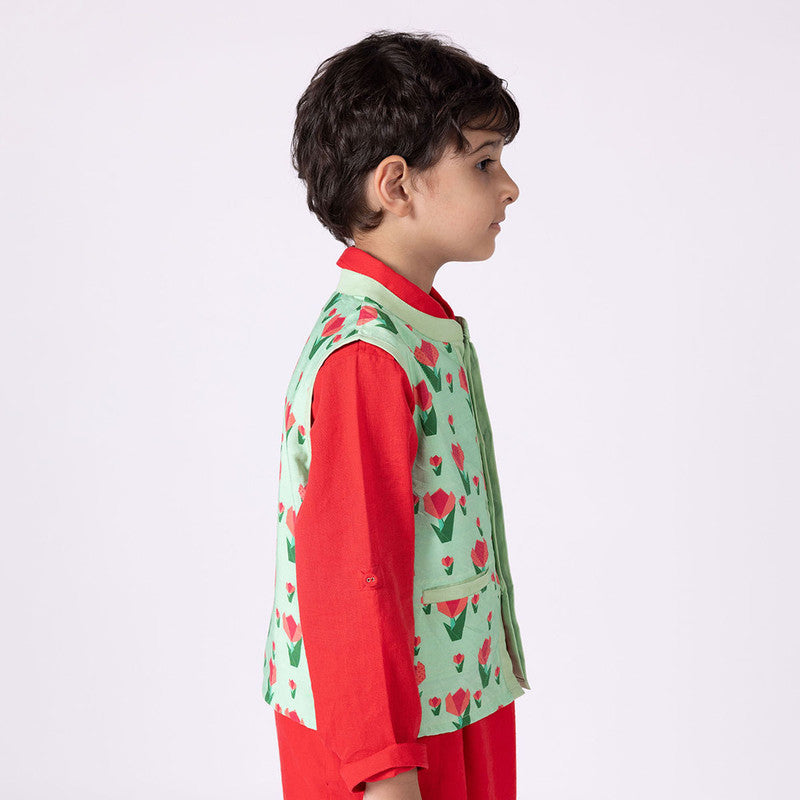 Silk Nehru Jacket For Kids | Tulip | Mandarin Collar | Green