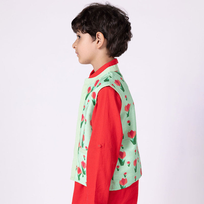 Silk Nehru Jacket For Kids | Tulip | Mandarin Collar | Green