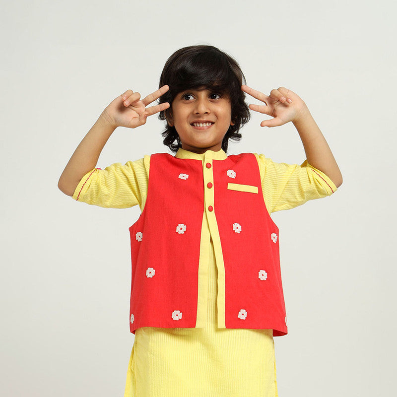 Cotton Orchid Nehru Jacket | Mandarin Collar | Red