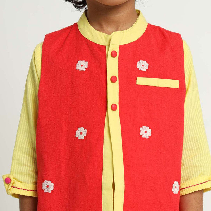 Cotton Orchid Nehru Jacket | Mandarin Collar | Red